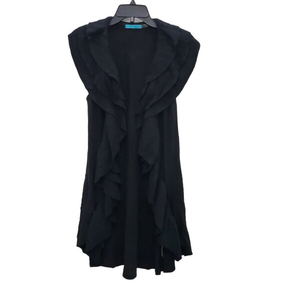 Alice + Olivia Women's Black Cashmere Angora Wool Blend Ruffle Front Duster Sz M - Picture 1 of 5